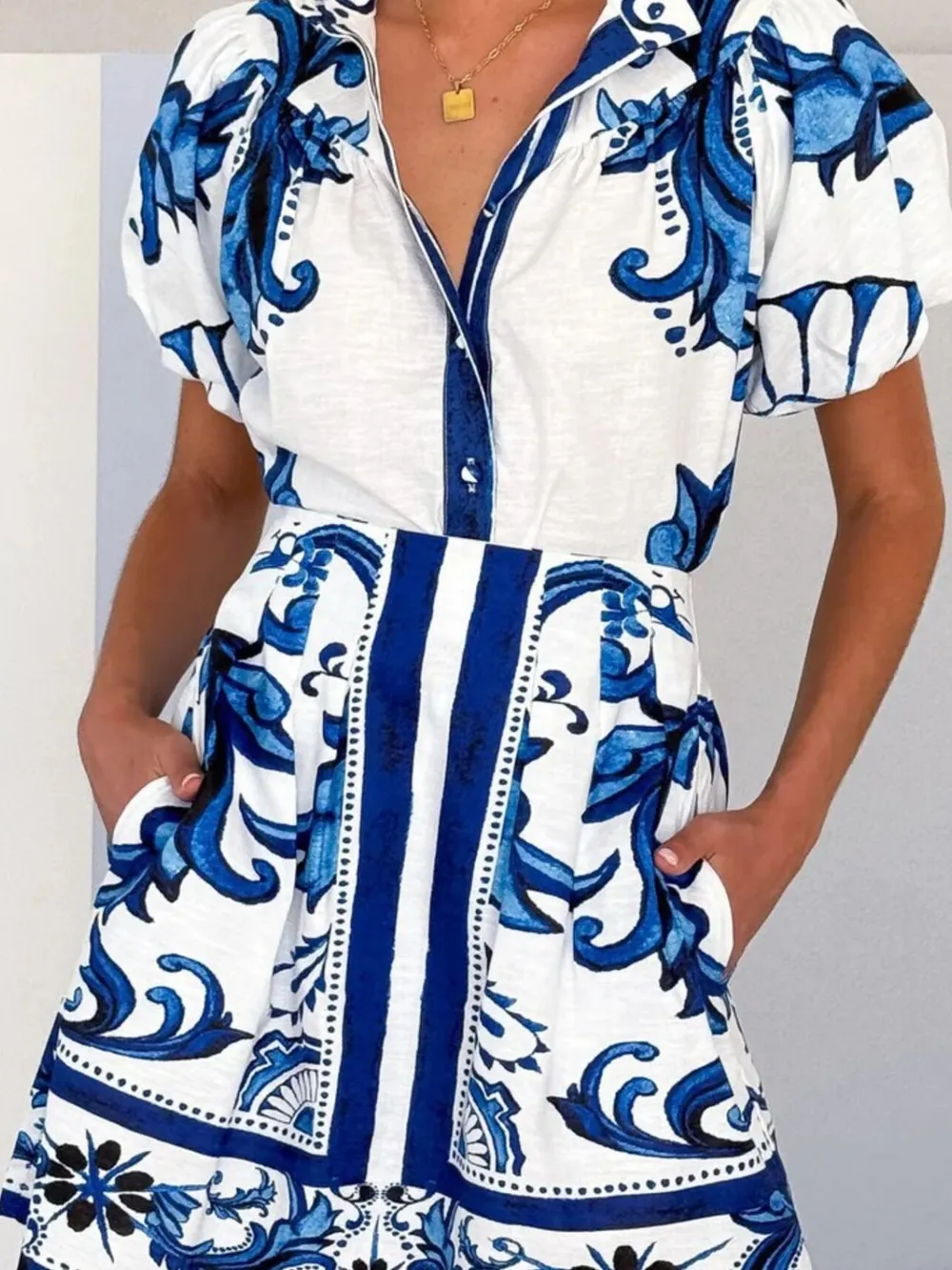 Printed Puff Sleeve Top and Skirt Set, image 16
