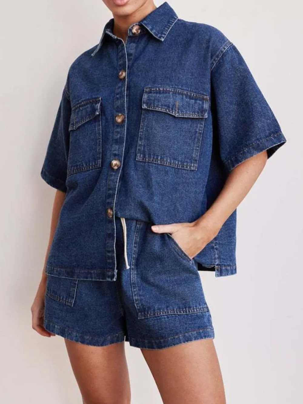 Button Up Short Sleeve Top and Shorts Denim Set, image 7