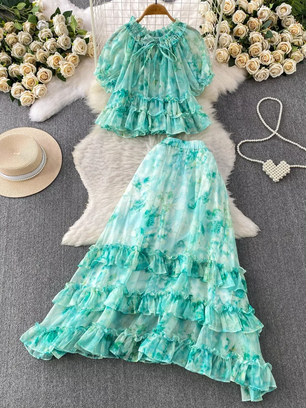 Floral Print Ruffle Hem Blouse and Skirt Set, image 13