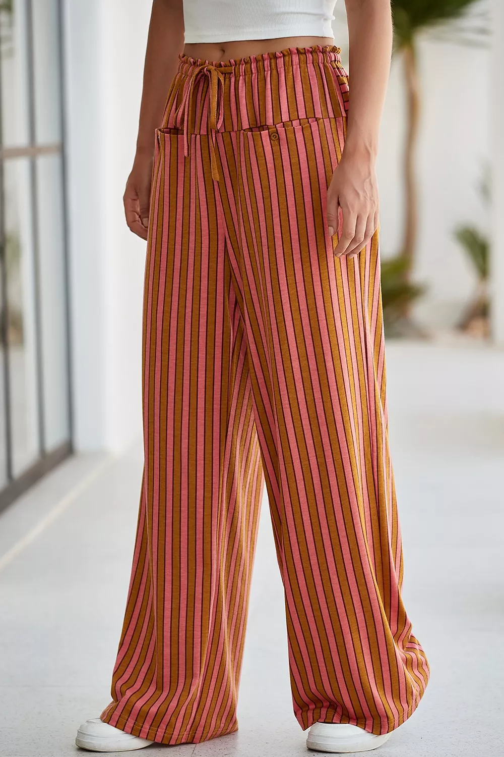 Stripe Button Pocket Tie Waist Casual Wide Leg Pants, image 6