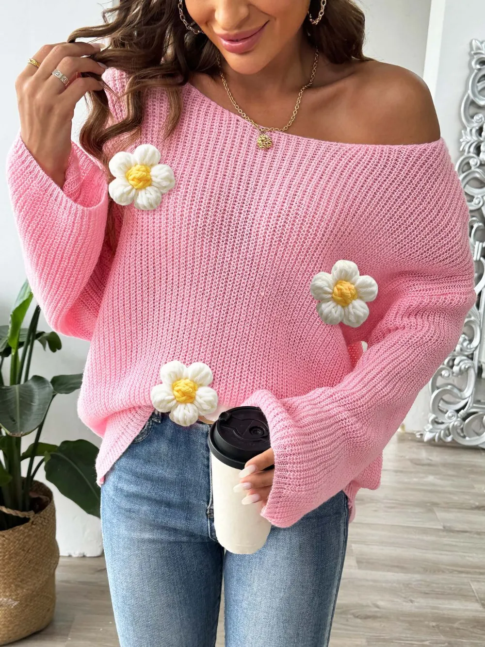 Flower Round Neck Long Sleeve Sweater, image 6