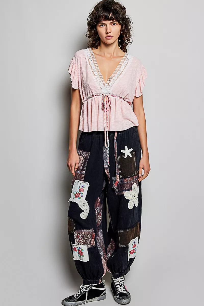 Tied Ruffled V-Neck Short Sleeve Blouse with Lace Detail, image 5