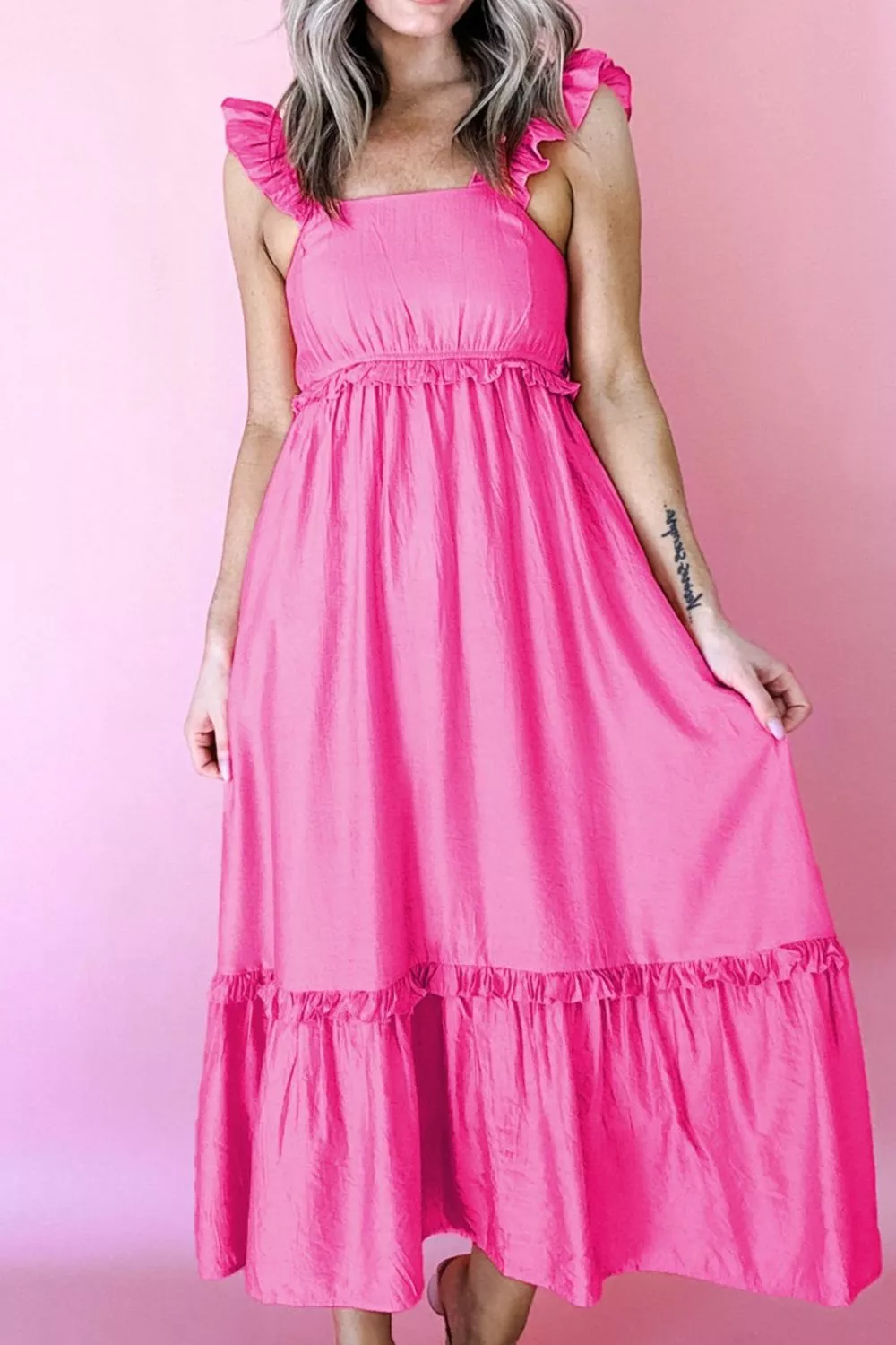 Solid Color Ruffle Trim High Waist Sleeveless Maxi Dress, image 3