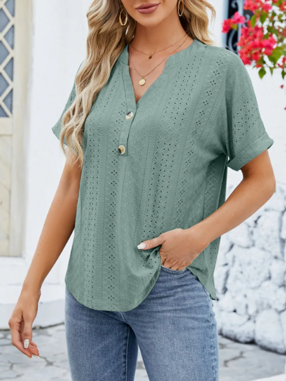 Eyelet Notched Short Sleeve Blouse, image 18