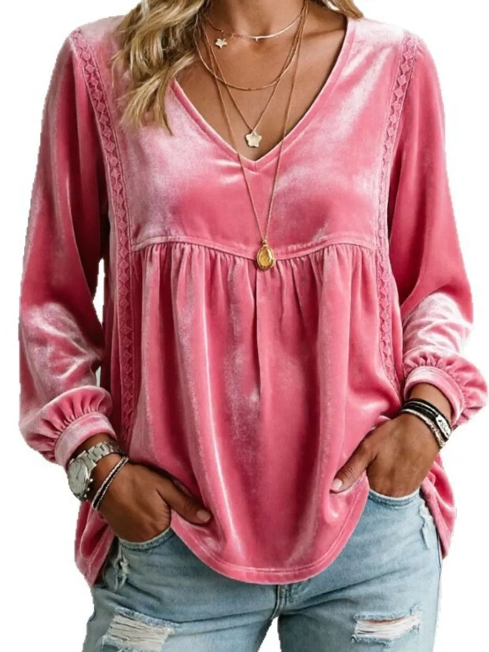 Full Size V-Neck Long Sleeve Velvet Blouse with Lace Trim Plus Size, image 25