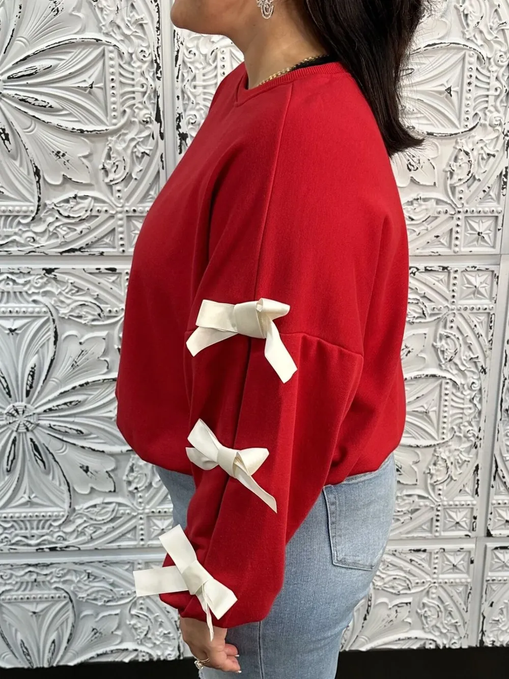 Contrast Bow Round Neck Long Sleeve Sweatshirt, image 6
