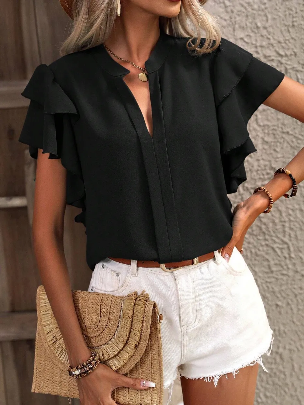 Ruffle Sleeve Notched Blouse, image 16