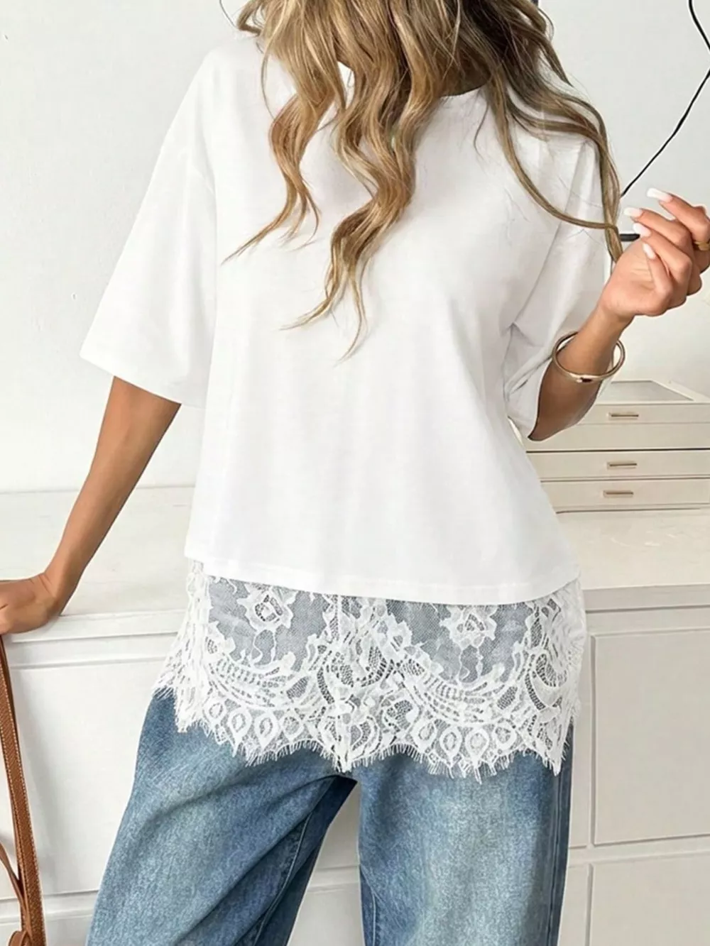 Lace Hem Round Neck T-Shirt, image 7
