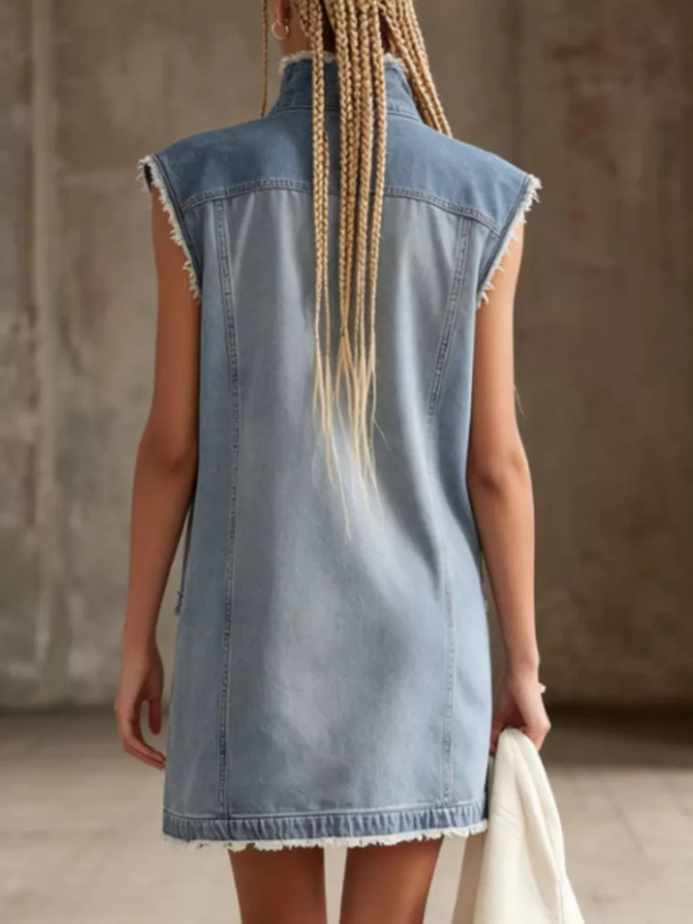 Sleeveless Frayed-Hem Zip-Front Denim Mini Dress, image 3