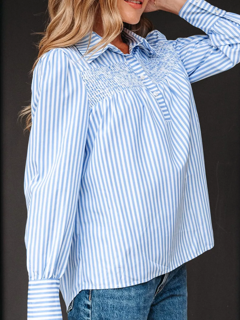 Stripe Shirred Detail Half Placket Collared Long Sleeve Shirt, image 4