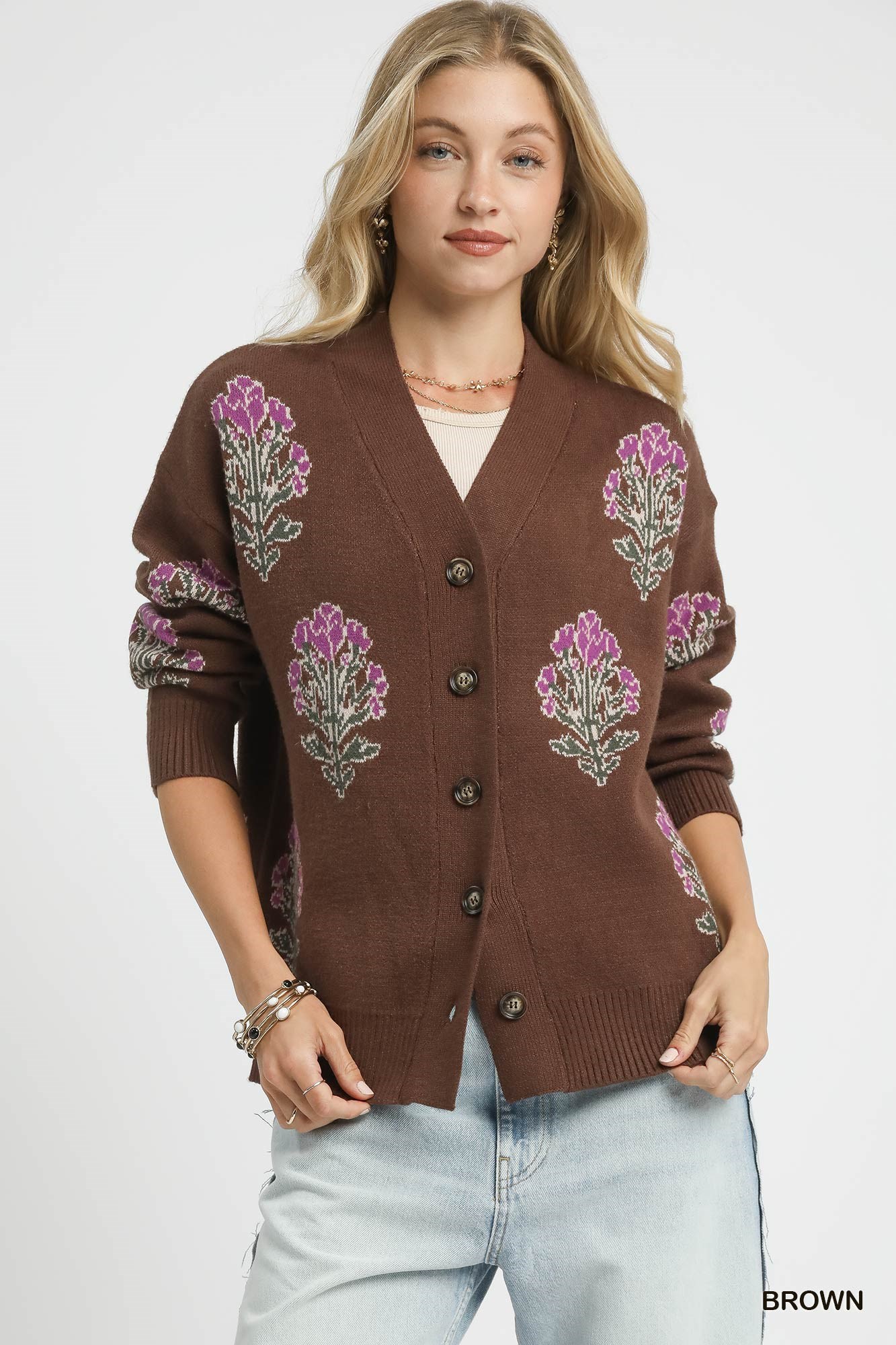 Single Flower Stem Jacquard Cardigan Sweater