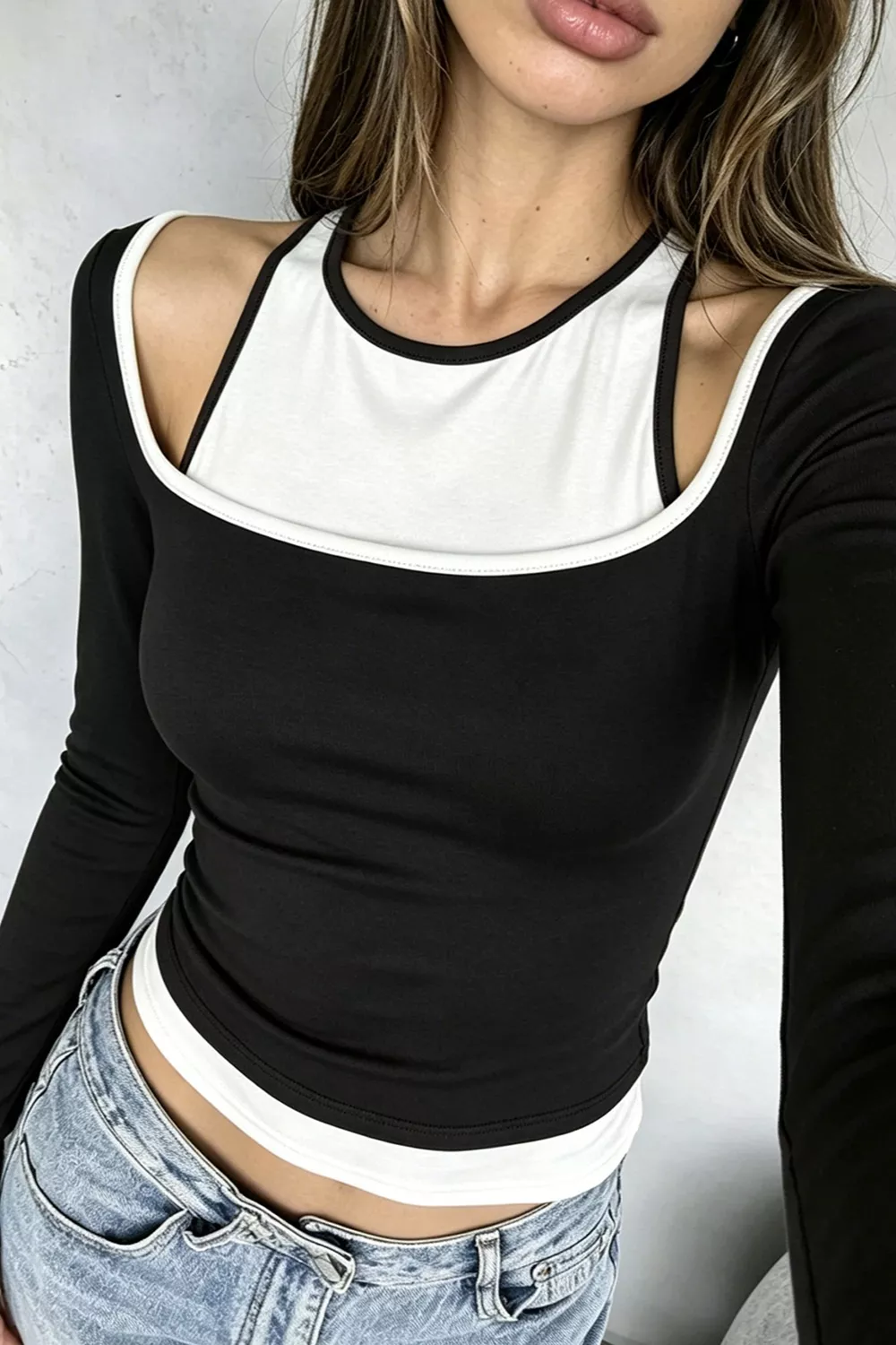 Color-Block Cutout Long Sleeve Slim Fit Top, image 8
