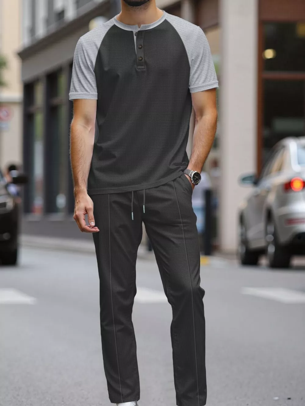 Men's Full Size Casual Two-Tone Raglan Sleeve Tee and Pants Set Plus Size