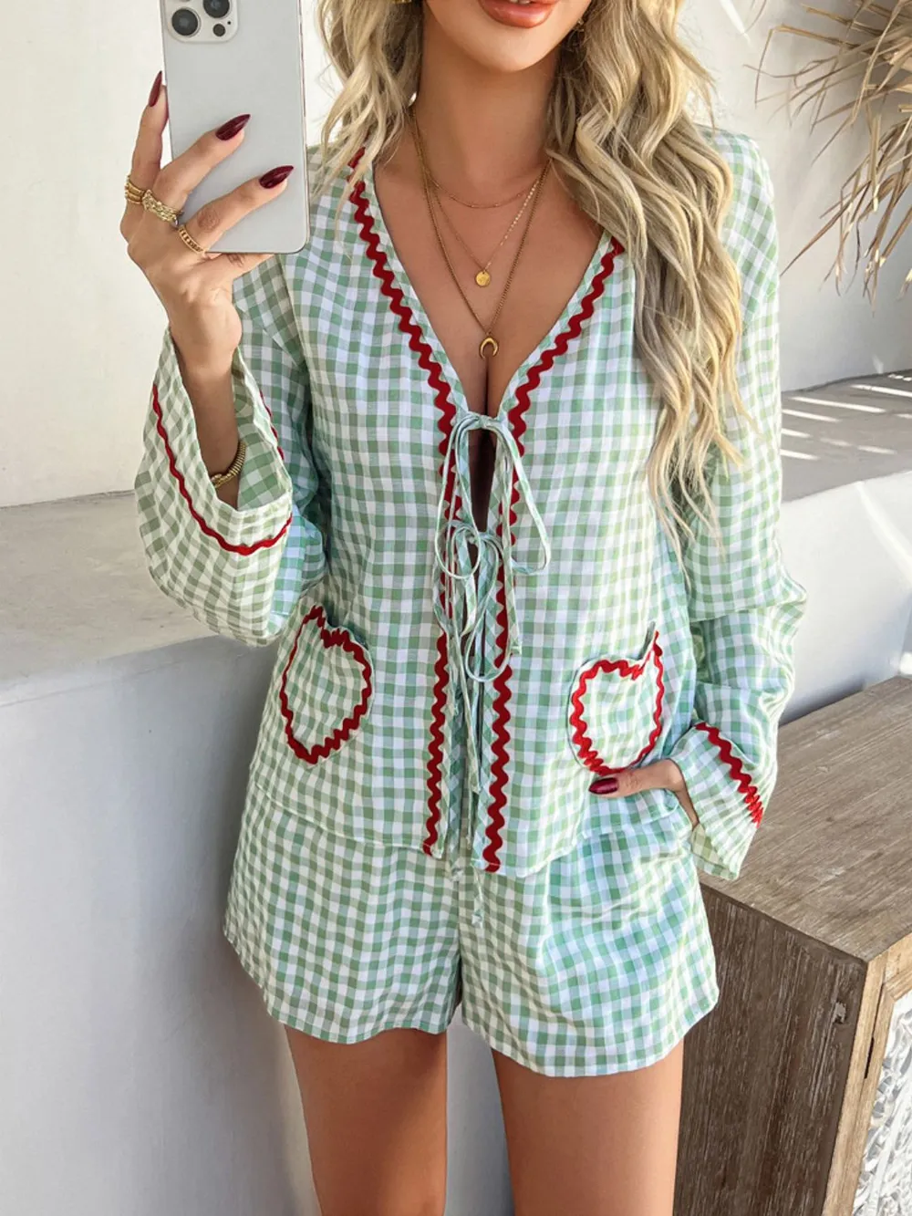 Tie Front Contrast Plaid Shirt and Shorts Set, image 8