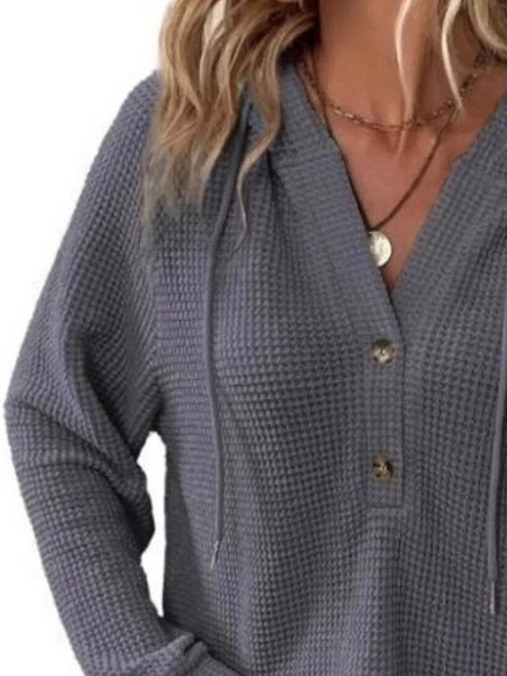 Full Size Button Detail Waffle Knit Hoodie Plus Size, image 21