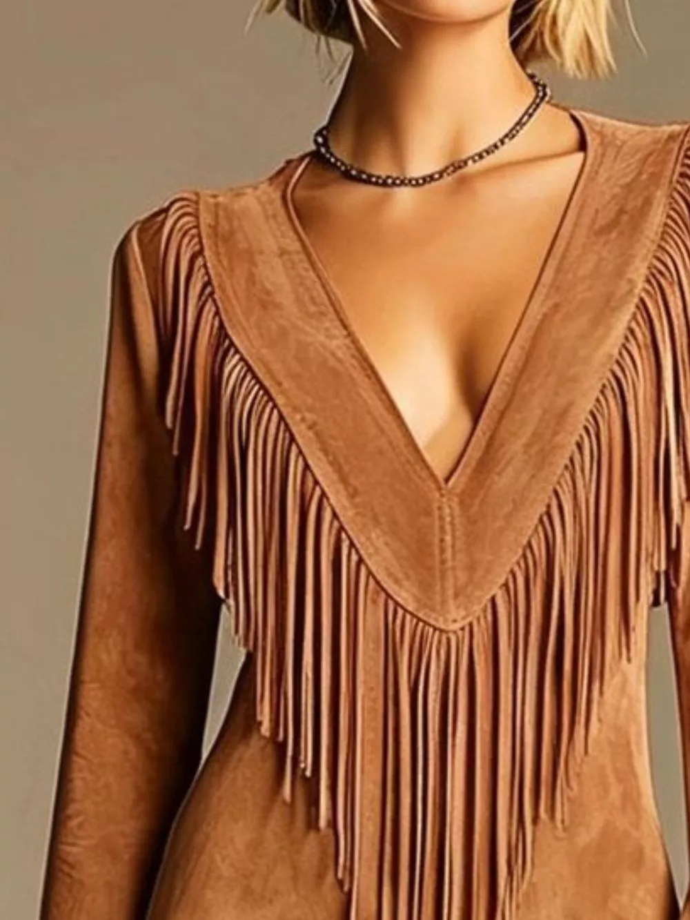 Boho Chic Fringed Suede V-Neck Mini Dress, image 2