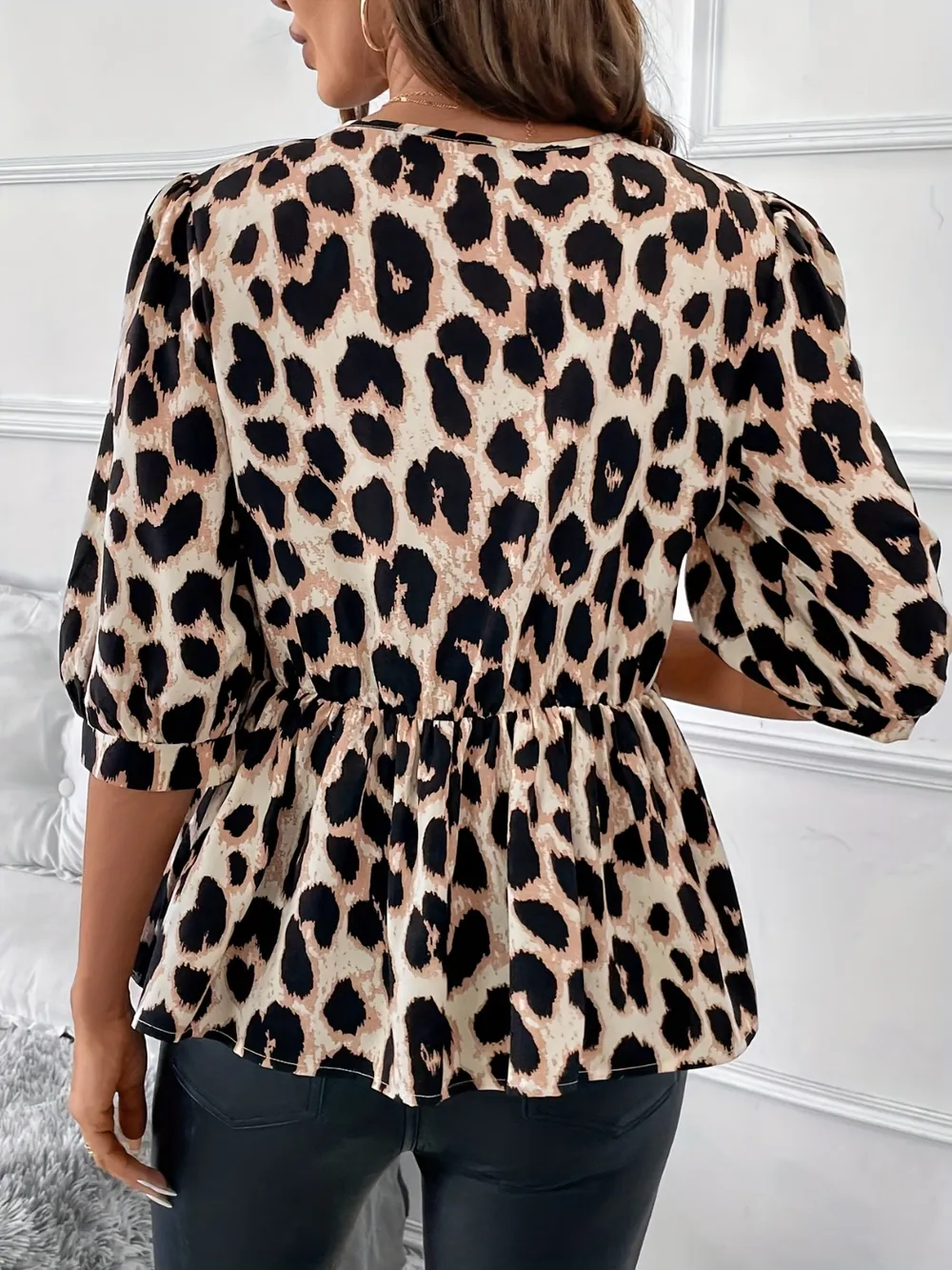 Tied Leopard Round Neck Half Sleeve Blouse, image 2