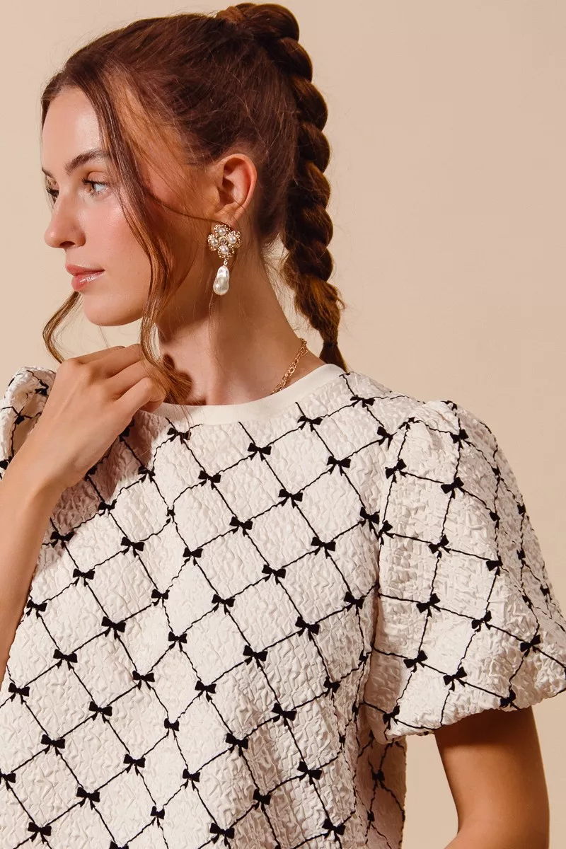 Bow Texture Woven Bubble Sleeve Top, image 10