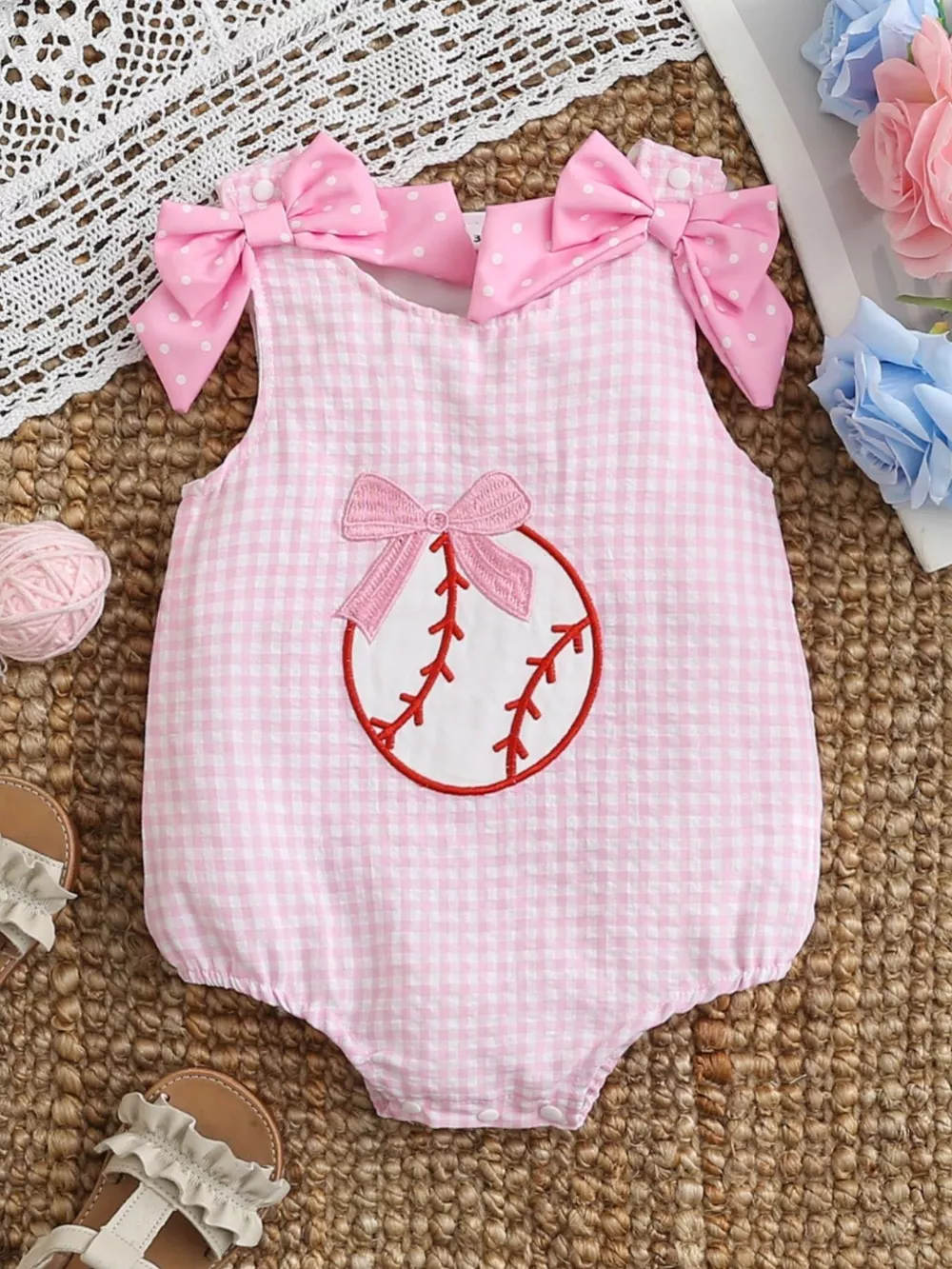 Children's Baseball Embroidered One-Piece with Bows