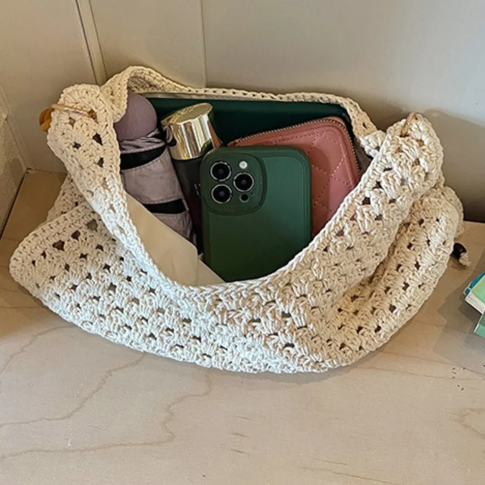Crochet Knit Beaded Strap Shoulder Bag, image 6