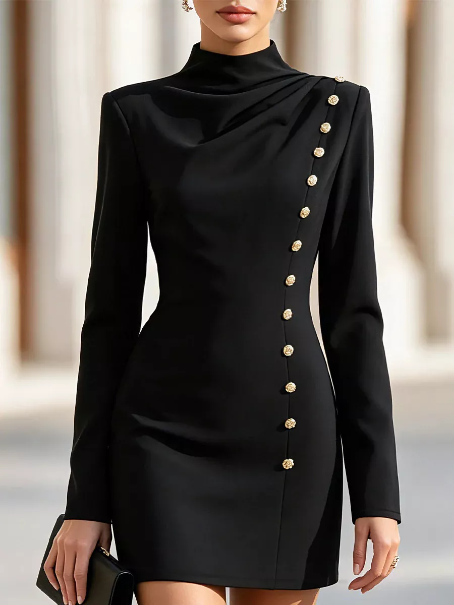 Mock Neck Long-Sleeve Bodycon Dress with Gold-Tone Button Detailing, image 4