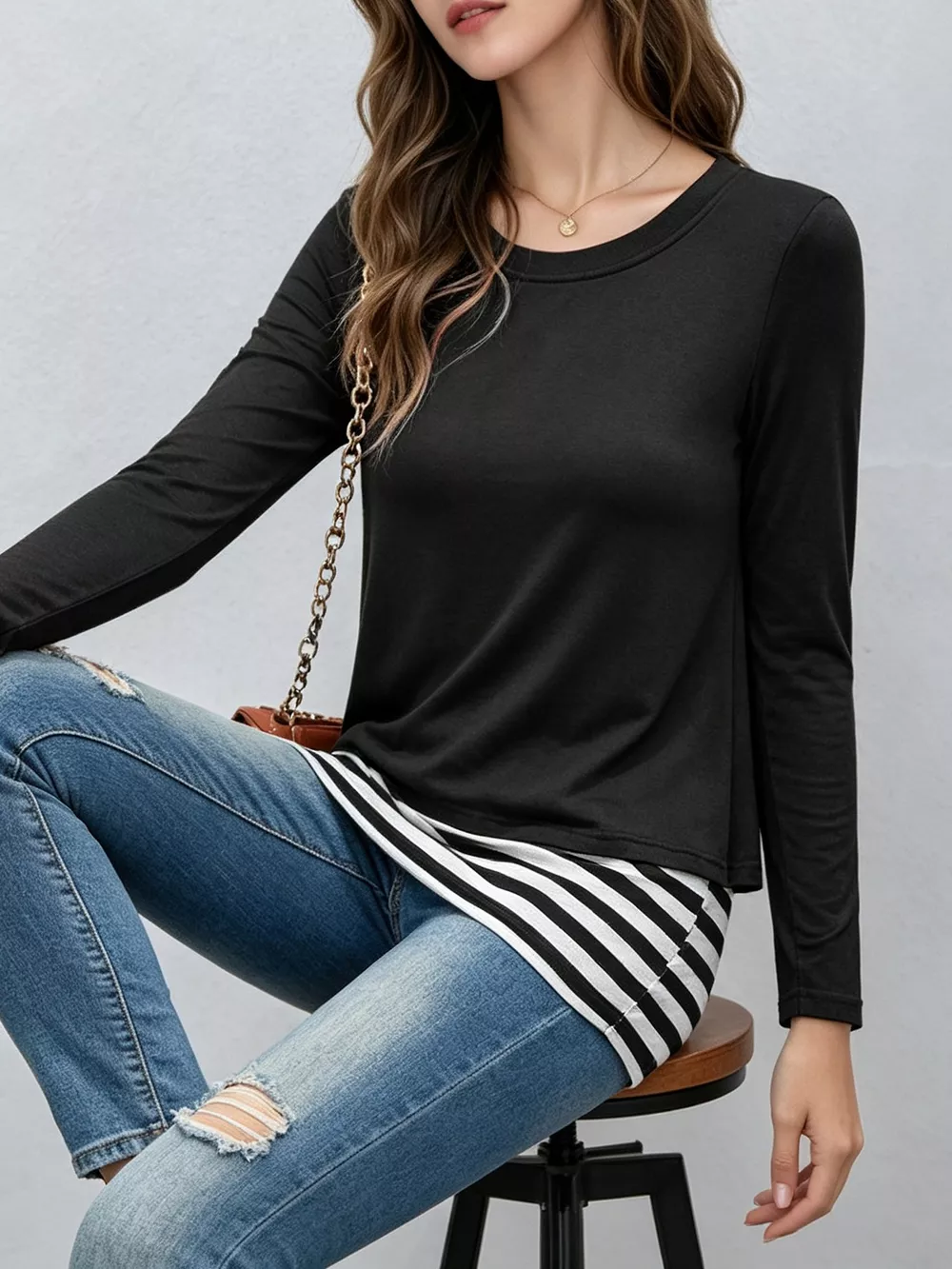 Layered Crew Neck Long Sleeve Striped T-Shirt, image 13