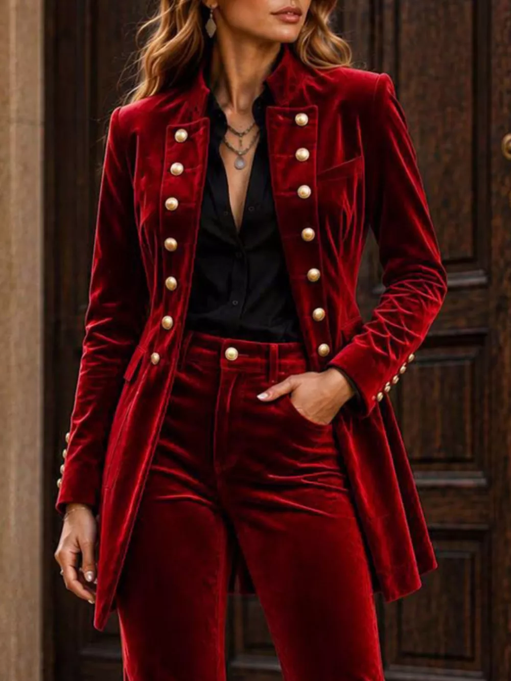 Velvet Double-Breasted Blazer and Flare Pants Set, image 9