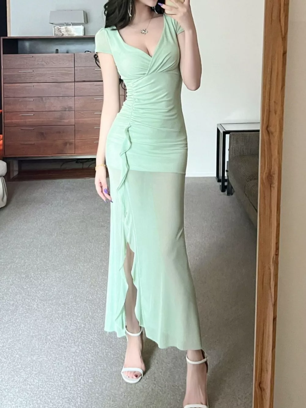 Tie-Dye Surplice Ruffle Slit Dress, image 7