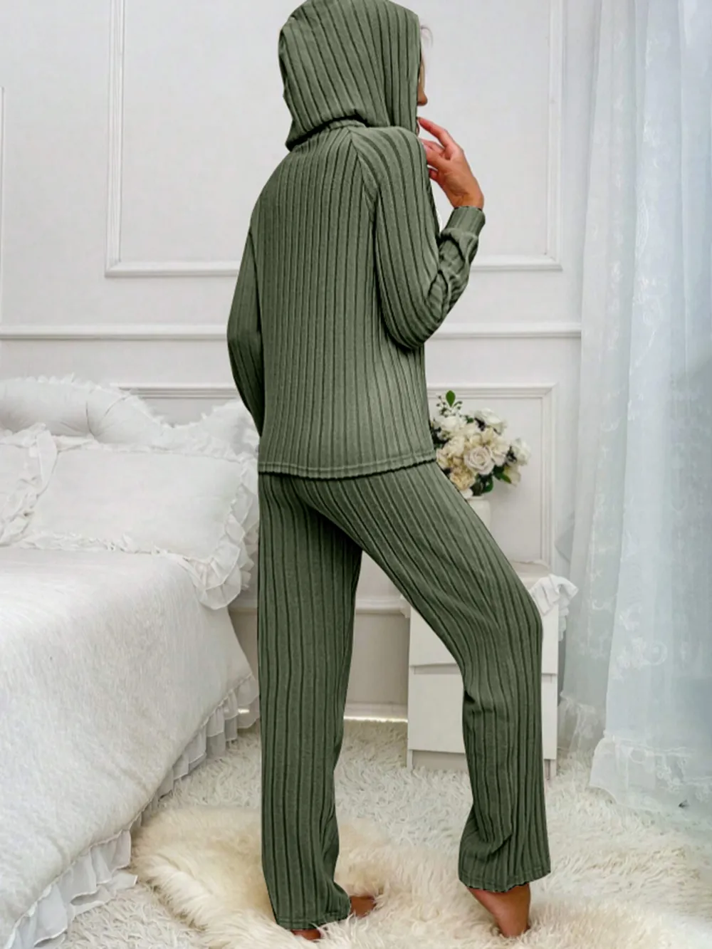 Drawstring Half Button Hooded Top and Ribbed Pants Set, image 8