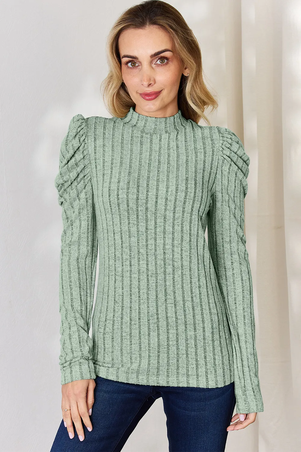 Full Size Ribbed Mock Neck Puff Sleeve T-Shirt, image 28