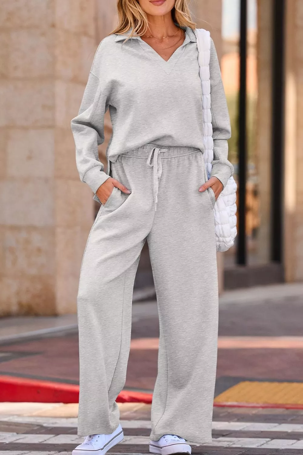 Solid Color V Neck Top and High Waist Pants Set, image 2