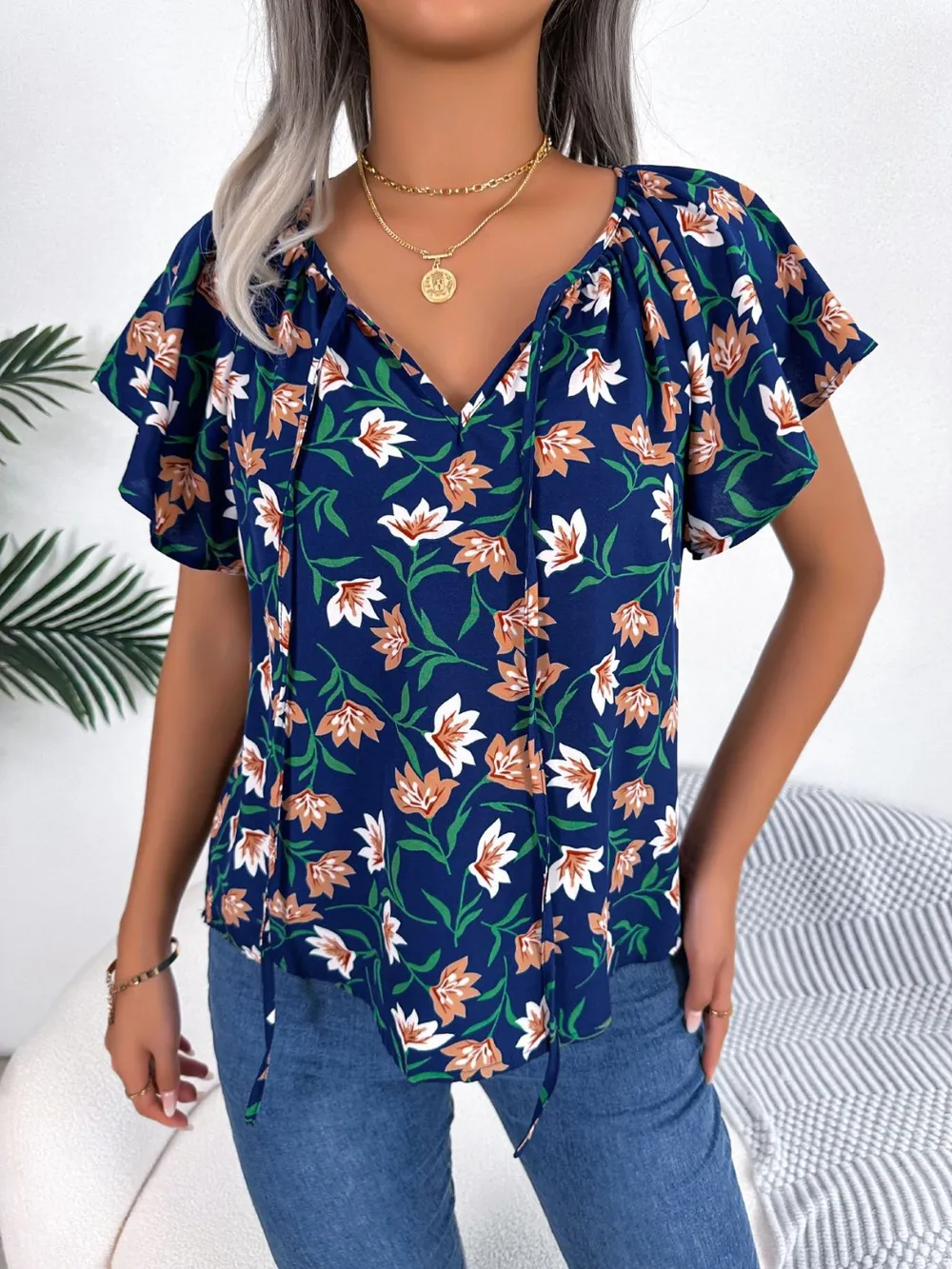 Floral Tie Neck Flutter Sleeve Blouse, image 7