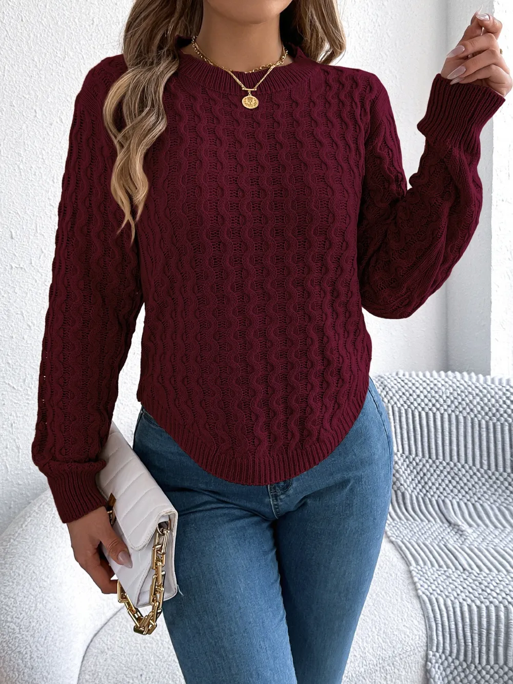 Asymmetric Hem Round Neck Long Sleeve Sweater, image 11