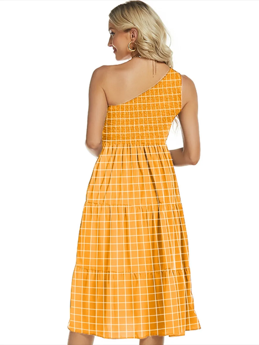 One-Shoulder Tiered Midi Dress with Smocked Bodice, image 9