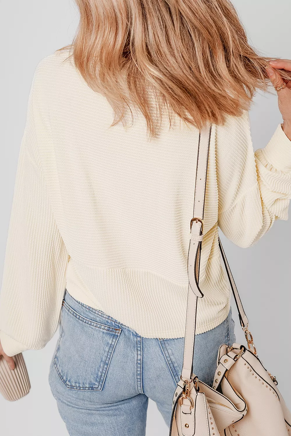 Corded Texture Lantern Sleeve Buttons Henley Sweatsuit, image 7