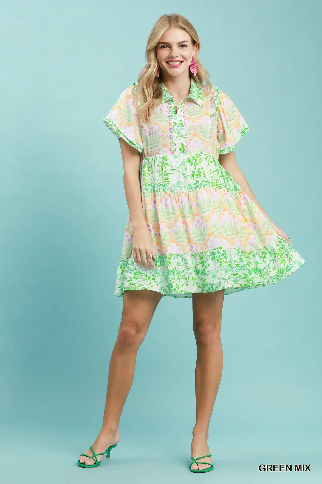 Mixed Floral Tiered Mini Dress with Flutter Sleeves, image 6