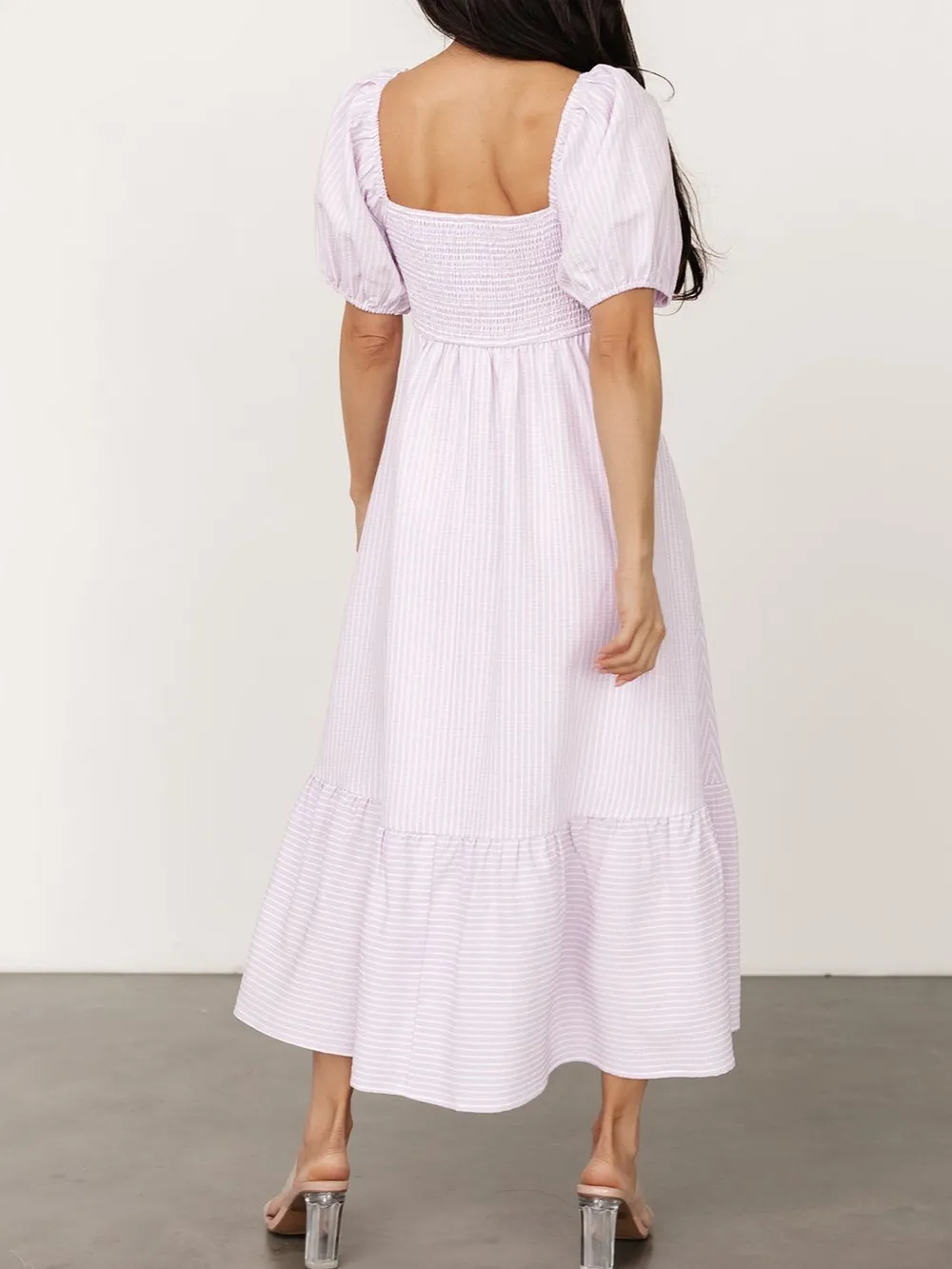 Striped Sweetheart Neck Puff Sleeve Midi Dress, image 9