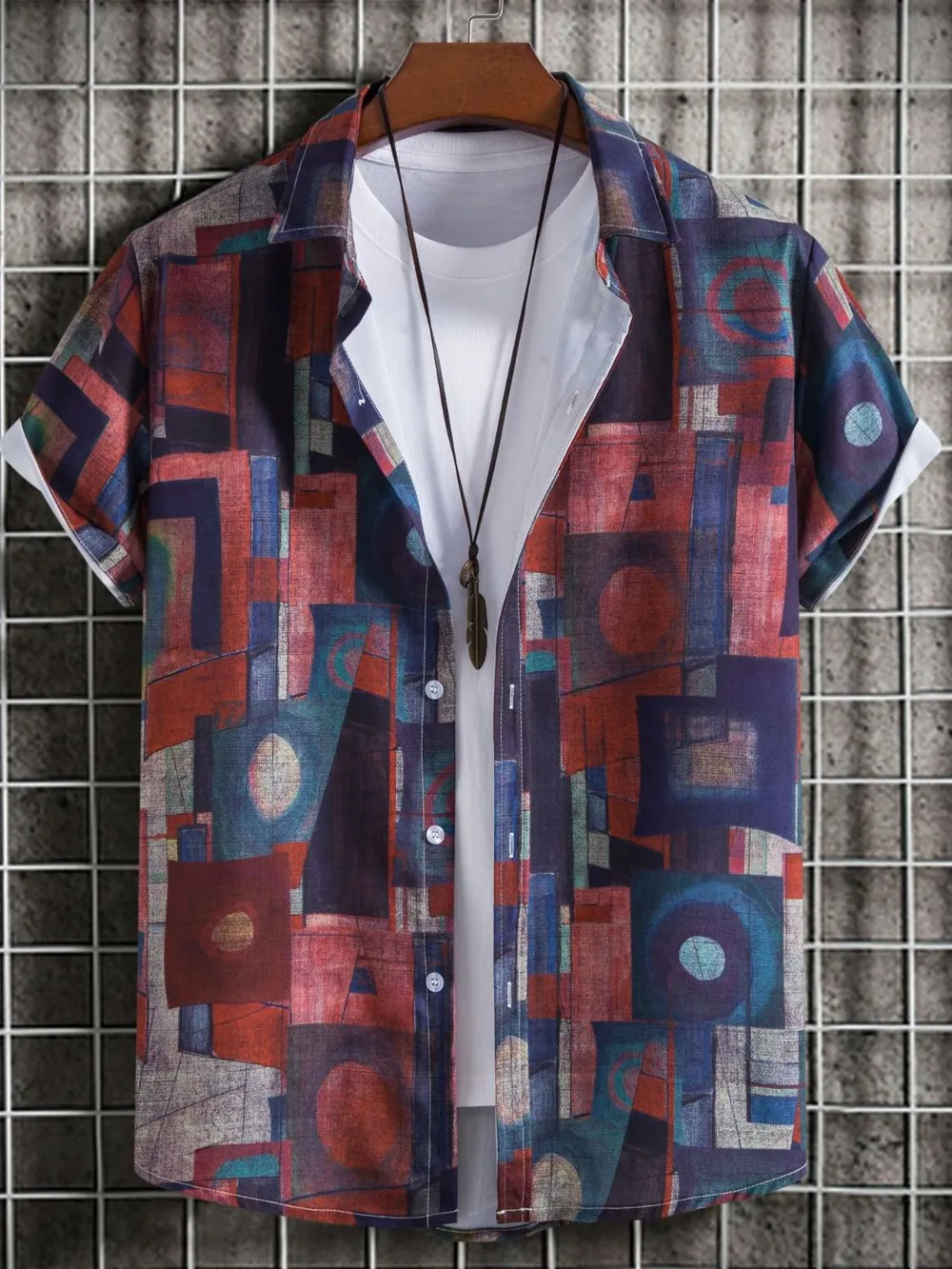 Men's Geometric Short Sleeve Button Down Shirt