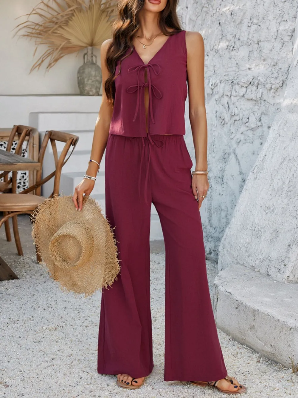 Tied V-Neck Sleeveless Top and Pants Set, image 17