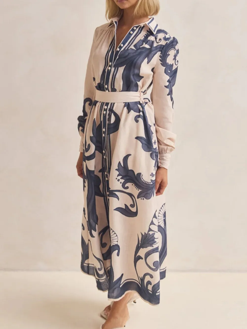 Printed Button Down Belted Shirt Dress, image 17