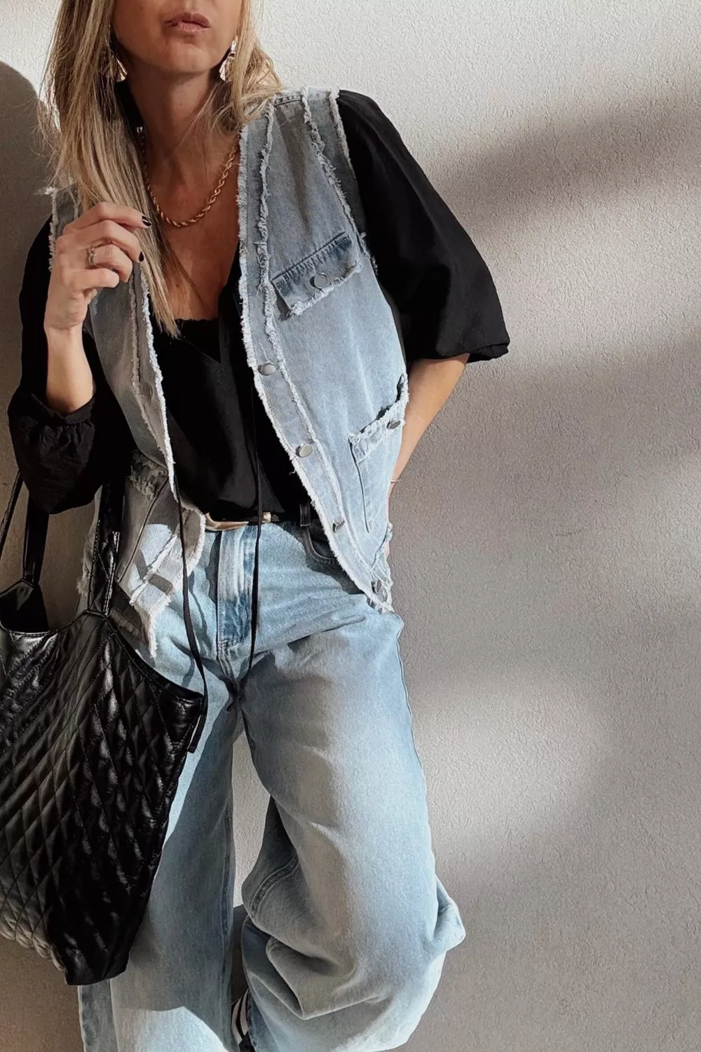 Frayed Edge Flap Pockets Denim Vest Jacket, image 8