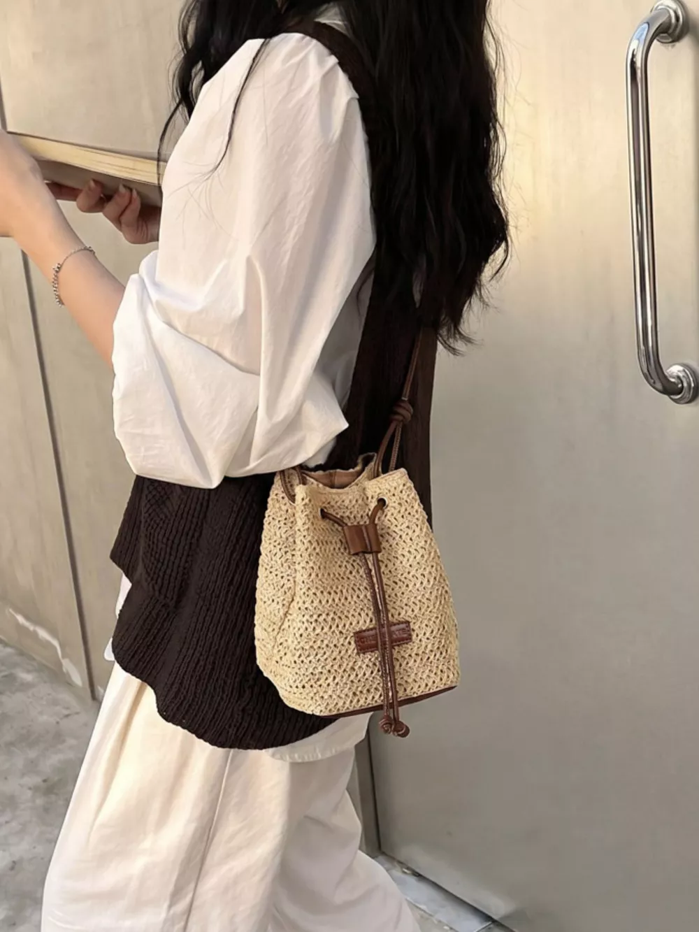 Straw Bucket Crossbody Bag, image 3