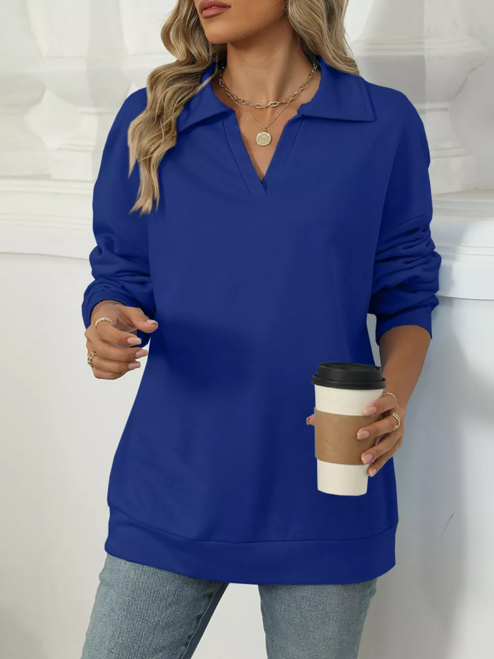 Johnny Collar Drop Shoulder Long Sleeve Sweatshirt, image 22