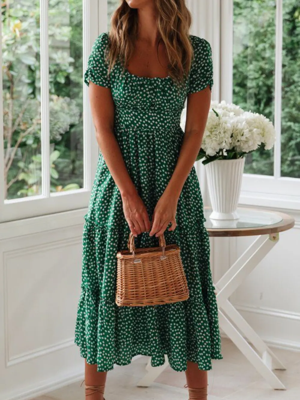 Printed Square Neck Short Sleeve Midi Dress, image 9