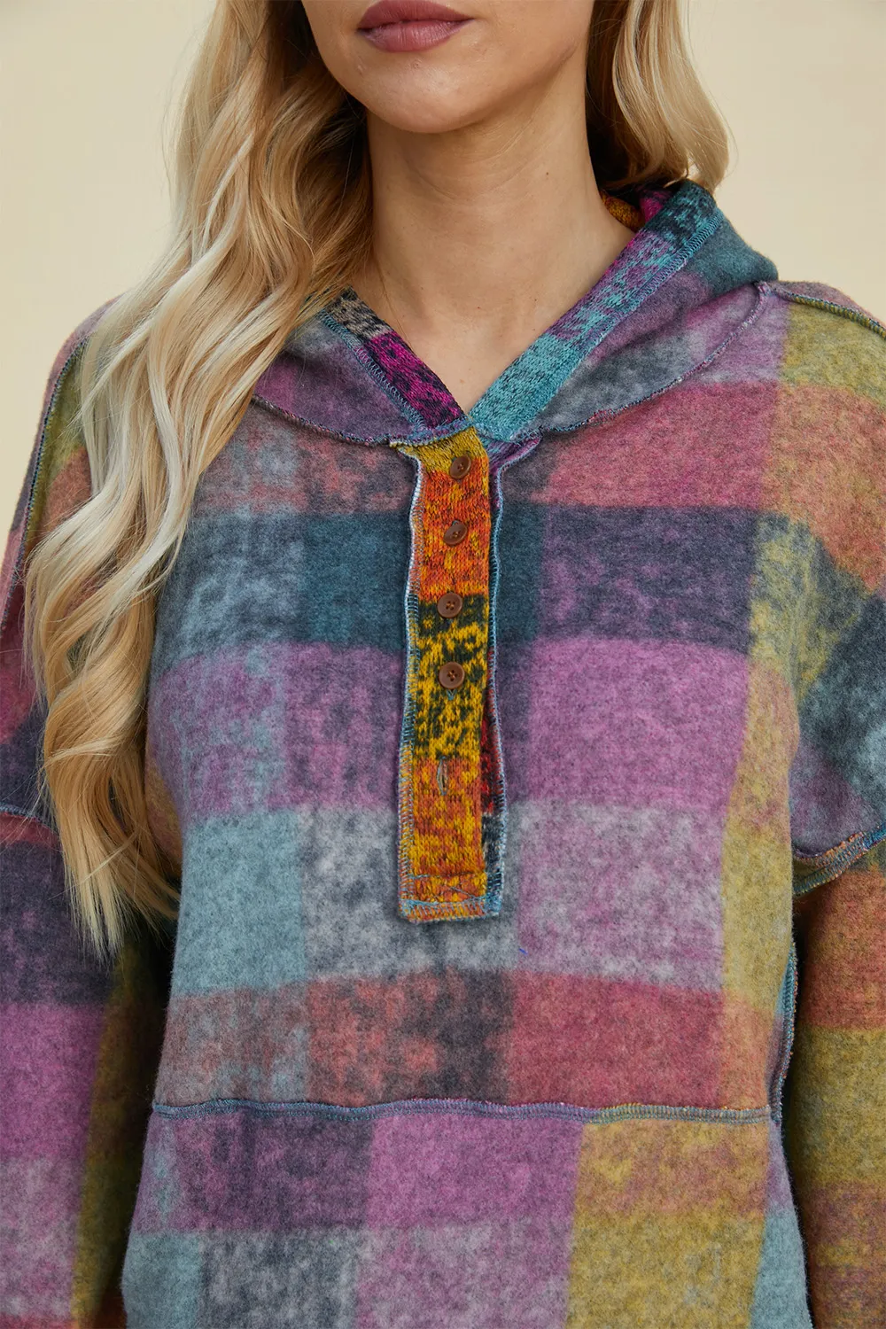 Full Size Plaid Dropped Shoulder Fleece Hoodie, image 17