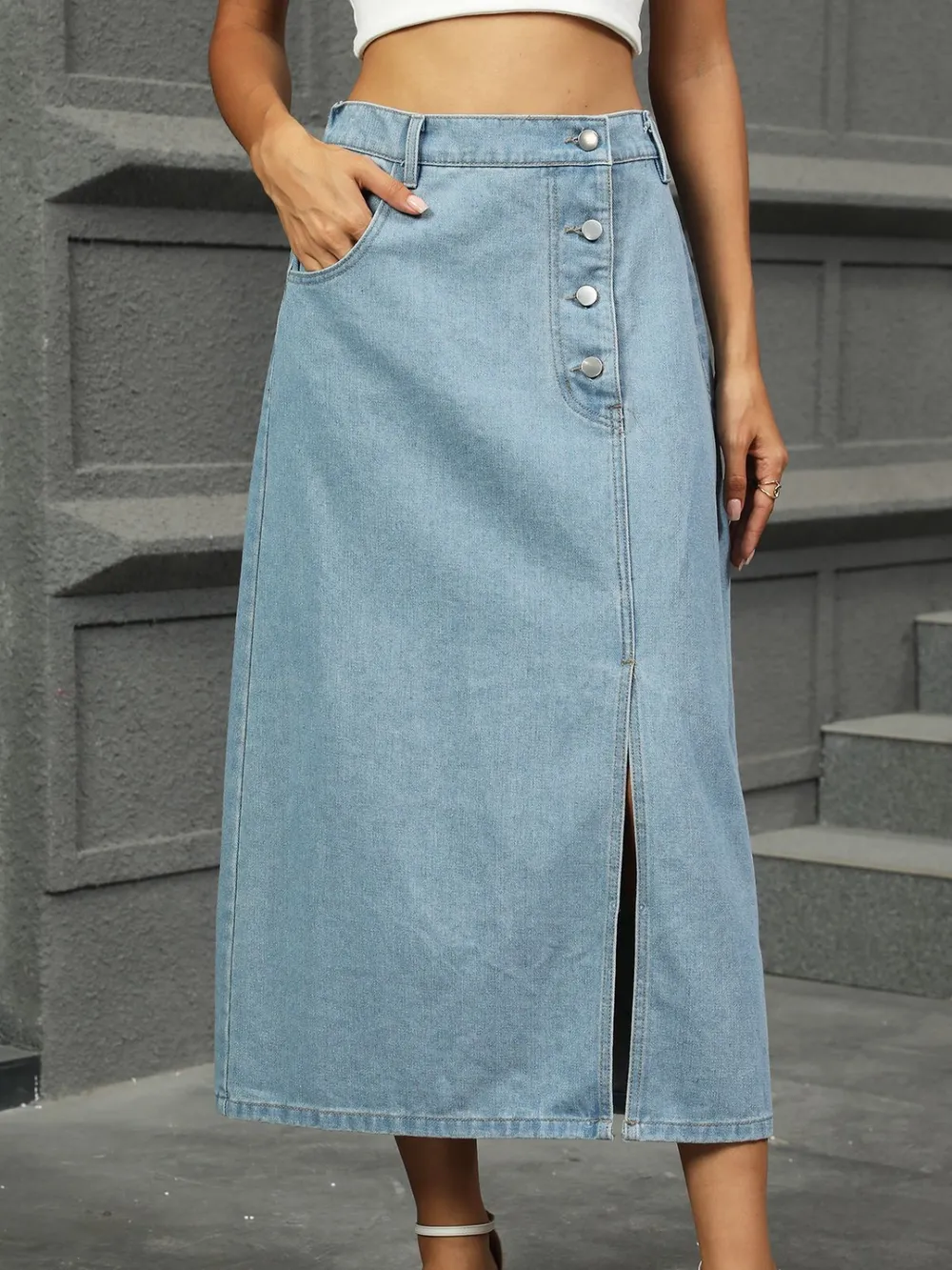 Slit Button Detail Denim Midi Skirt, image 8