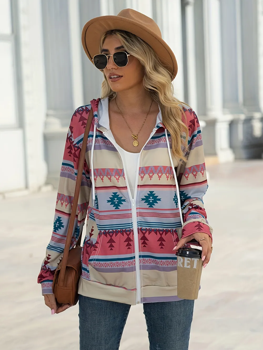 Geometric Zip Up Long Sleeve Hooded Jacket, image 15