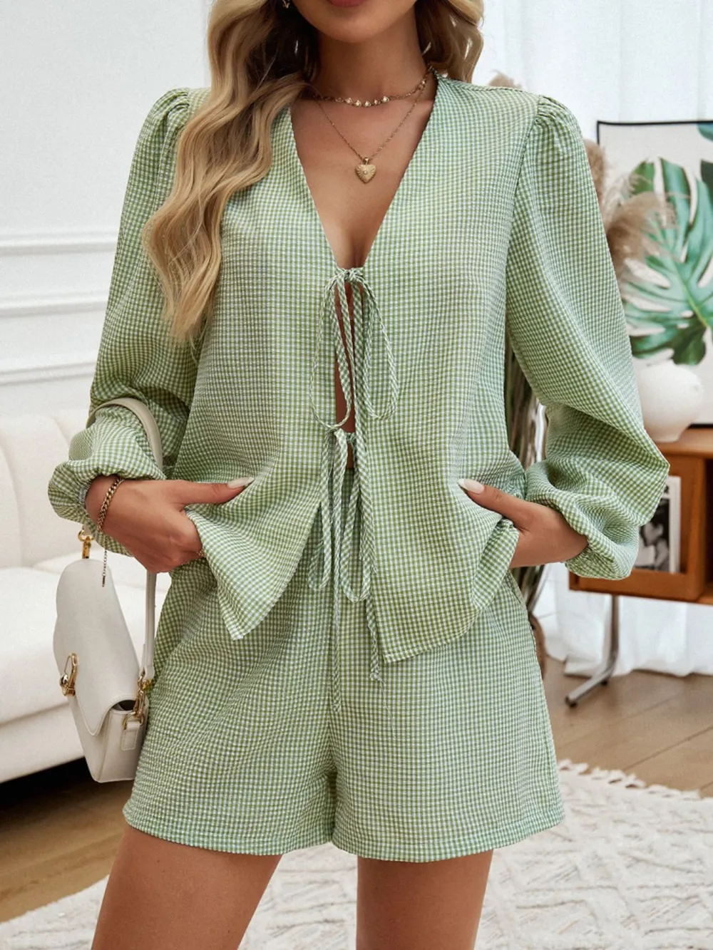 Tied Long Sleeve Top and Shorts Set, image 2
