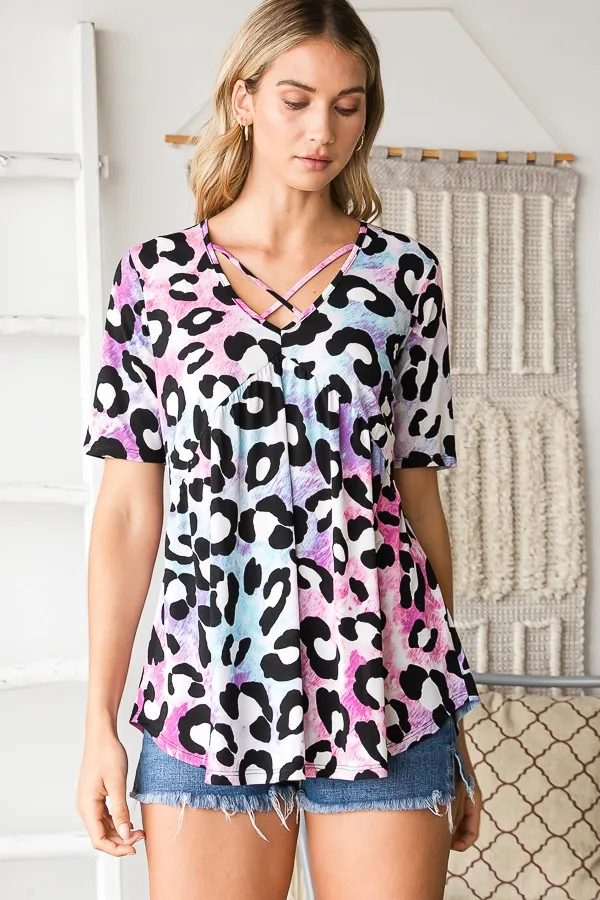 Full Size Crisscross Neck Animal Print Babydoll Top Plus Size, image 9