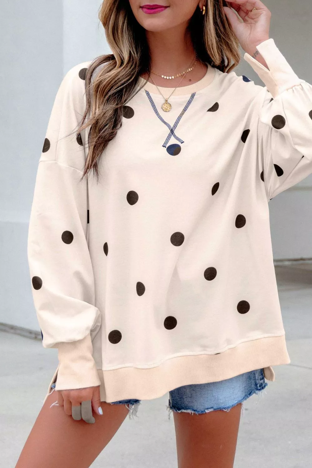 Loose-fit Long Sleeve Round Neck Polka Dot Tunic Sweatshirt, image 4